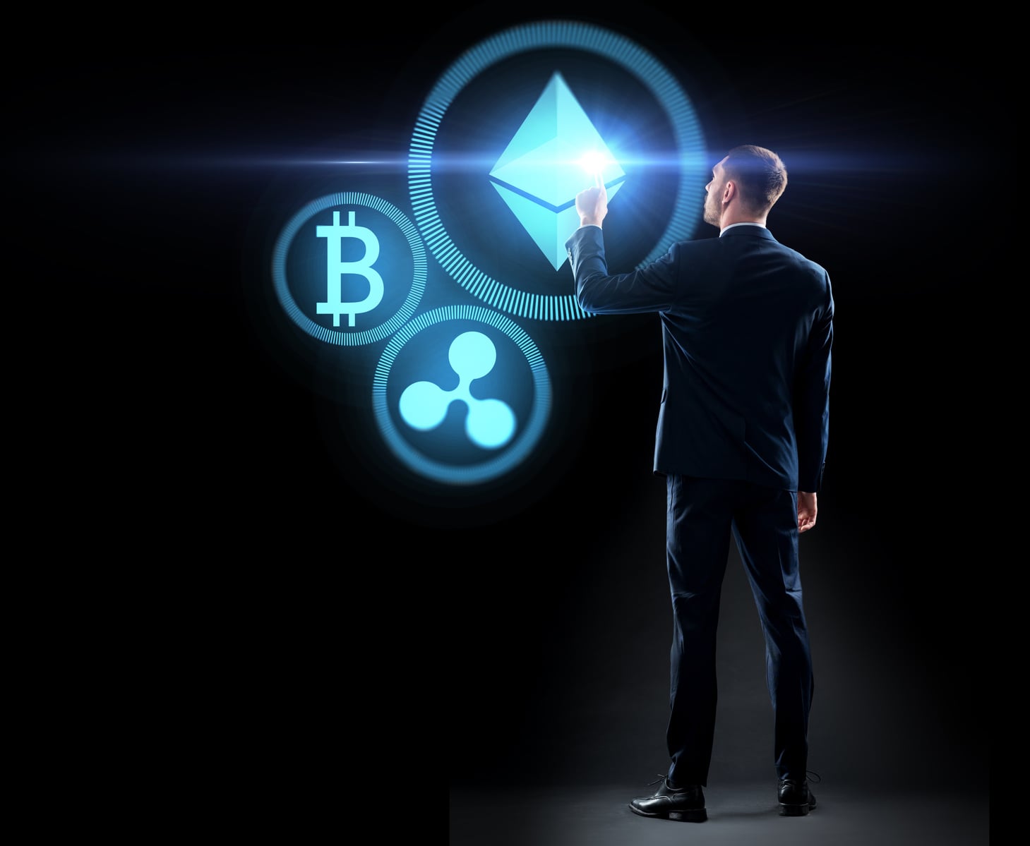 Buisnessman with Cryptocurrency Holograms